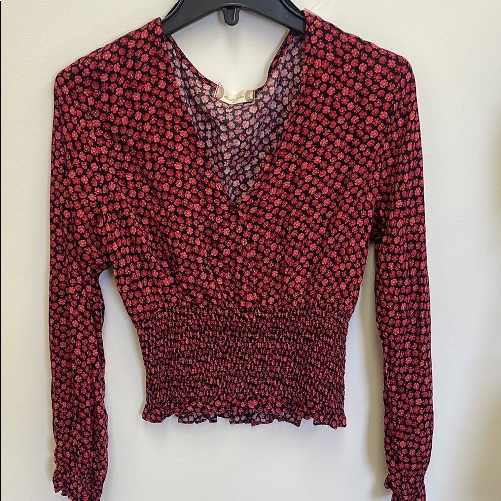 Altar'd State Red and Black Smocked Wrap Blouse - Picture 2 of 7